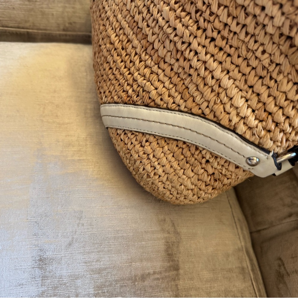 Coach Woven Straw Hobo Bag White Leather Trim Summer Tote with Scarf & Tassels - Picture 2 of 7